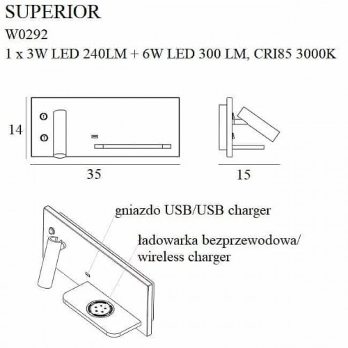 Бра MAXlight SUPERIOR W0292 з бездротовим зарядним