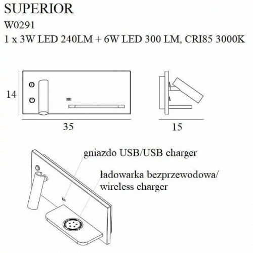 Бра MAXlight SUPERIOR W0291 з бездротовим зарядним