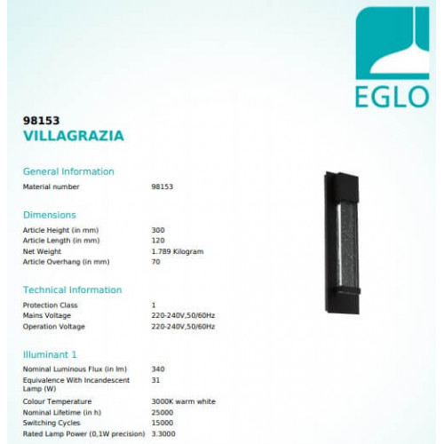 Світильник вуличний Eglo 98153 VILLAGRAZIA