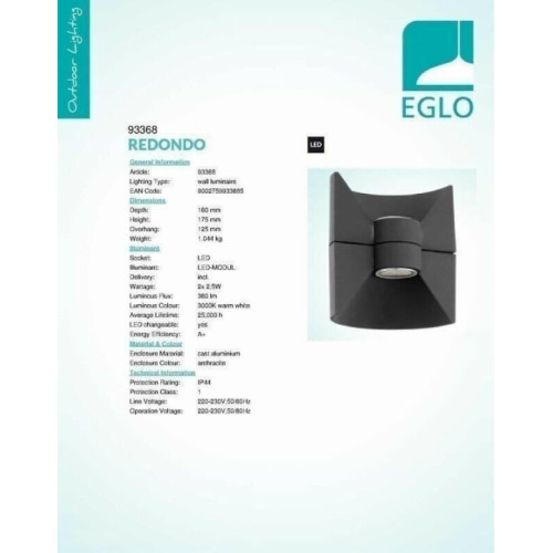 Настінний вуличний світильник Eglo REDONDO 93368