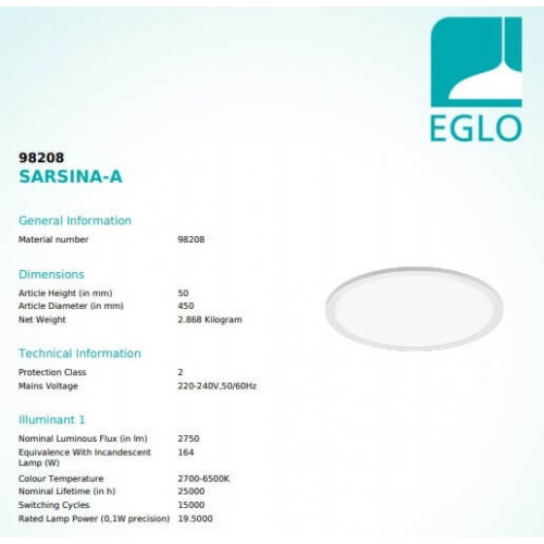 Стельовий світильник Eglo SARSINA 98208