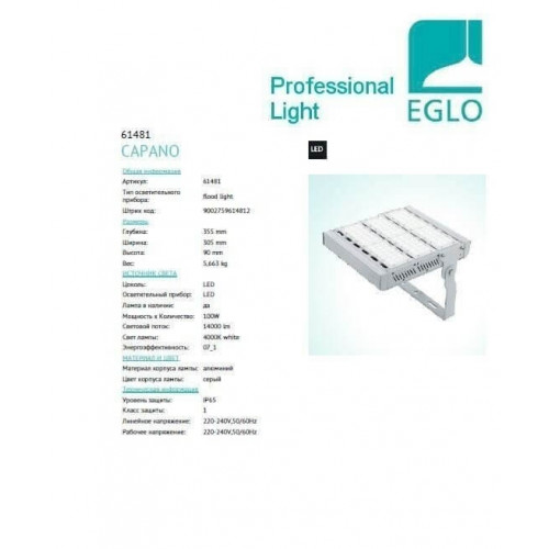 Прожектор Eglo 61481 CAPANO, 100 Вт, 12000 лм, 4000K