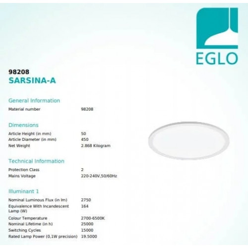 Стельовий світильник Eglo SARSINA 98208