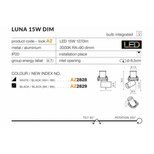 Точковий світильник AZzardo LUNA 15W DIMM AZ2829