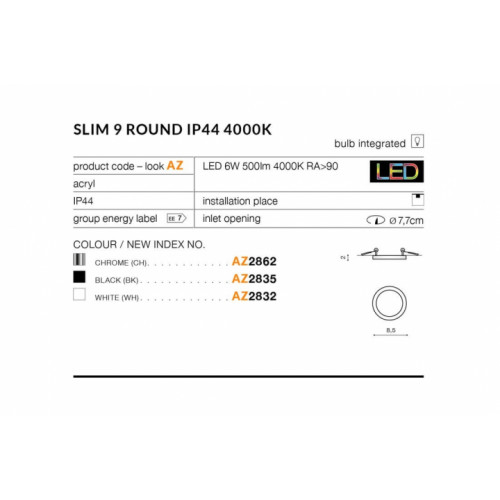 Точковий світильник AZzardo SLIM 9 ROUND IP44 4000K AZ2832
