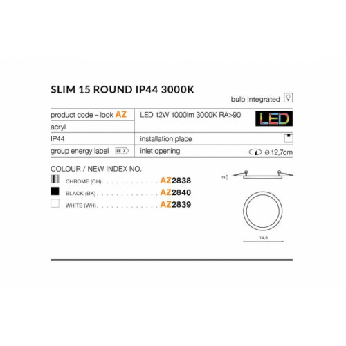 Точковий світильник AZzardo SLIM 15 ROUND IP44 3000K AZ2838