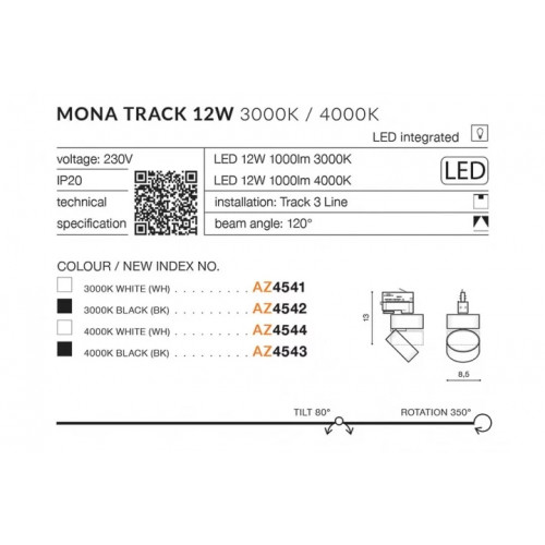 Трековий світильник AZzardo MONA TRACK 3 LINE 12W 3000K AZ4541