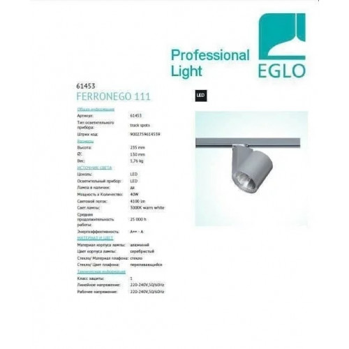 Трековий світильник Eglo FERRONEGO 111 61453