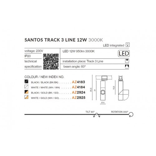 Трековий світильник AZzardo SANTOS TRACk 3 LINE 12W 3000K AZ4184