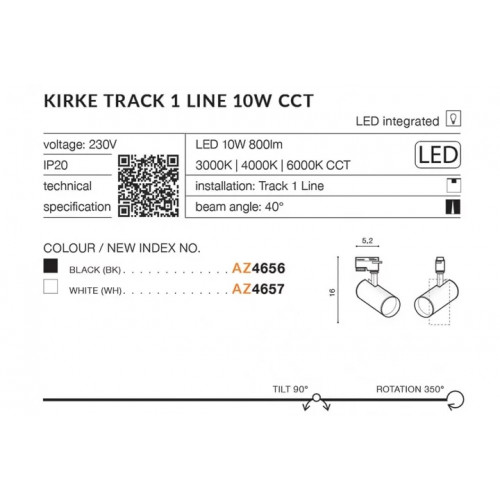 Трековий світильник AZzardo KIRKE TRACK 1 LINE 10W CCT SWITCH AZ4656